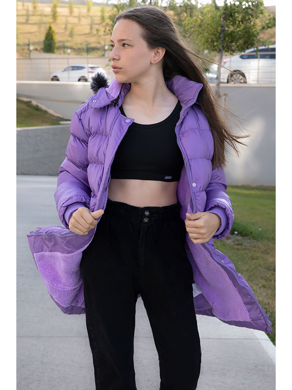 Lila İçi Kürklü Çıtçıtlı Kapüşonlu Kız Çocuk Şişme Mont 21322-2