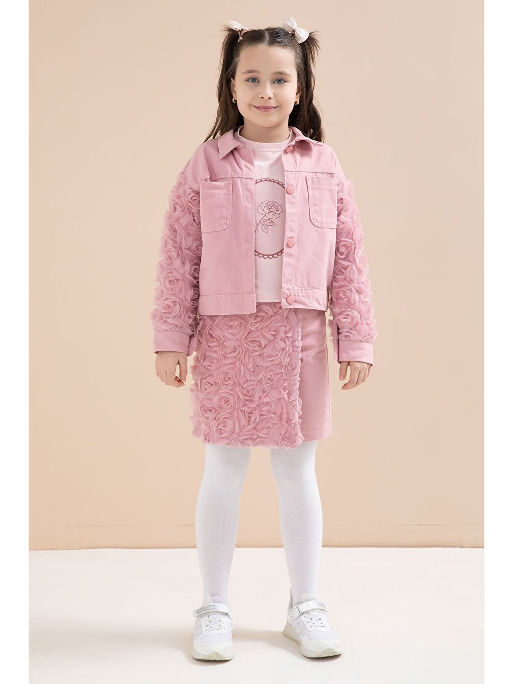 Pembe Gül Kurusu Gül Detaylı Şort Etekli ve Ceketli Kız Çocuk 3lü Badili Takım 23612-3