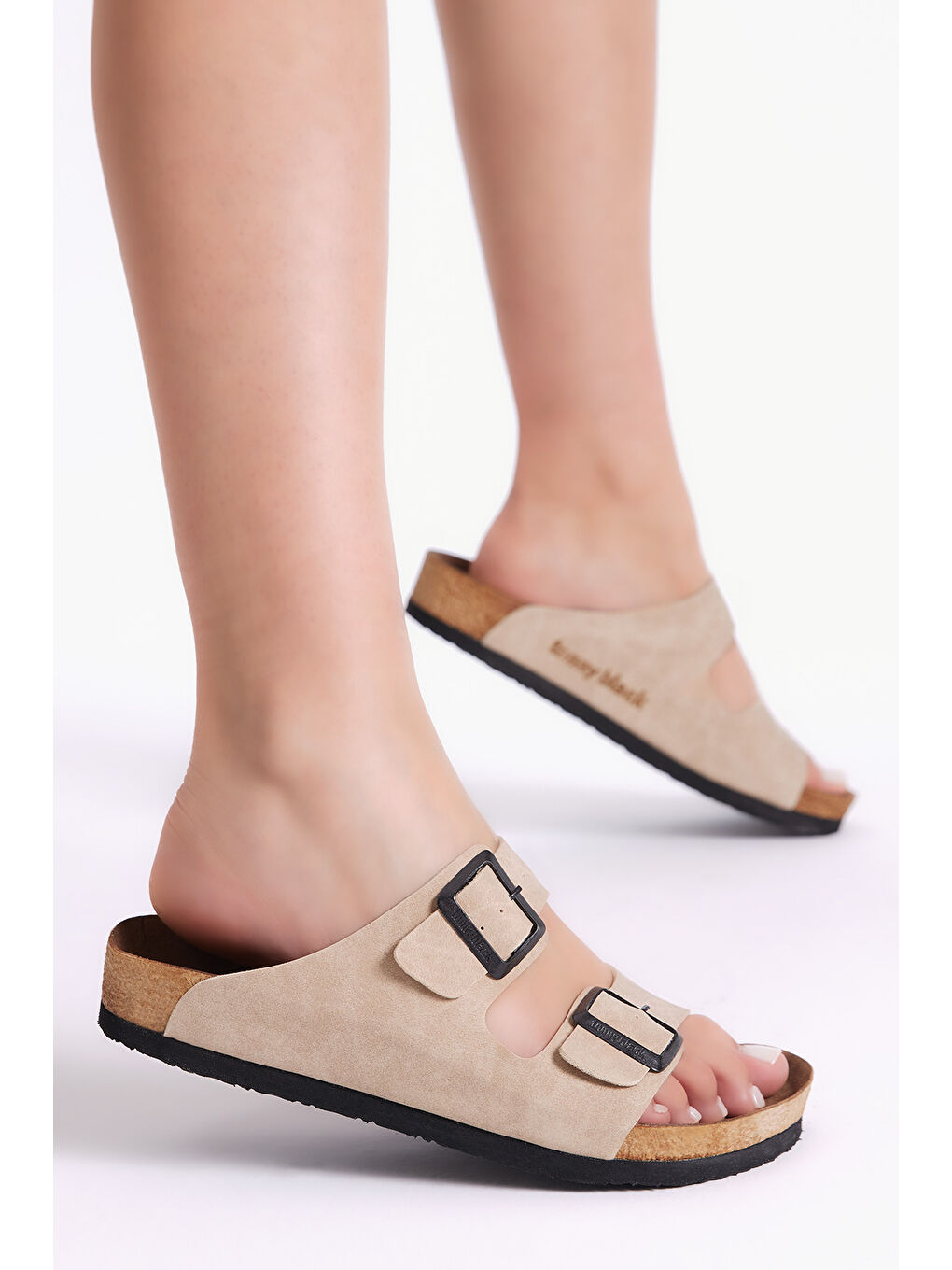 Ekru Unisex Krem Rahat Kalıp Poli Taban Çift Tokalı Nubuk Terlik-2