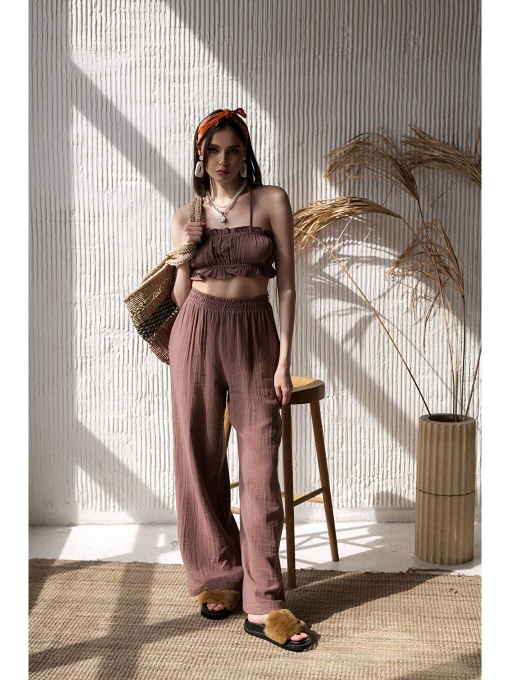 Kahverengi Harvey Kahve Müslin Crop Takım-1