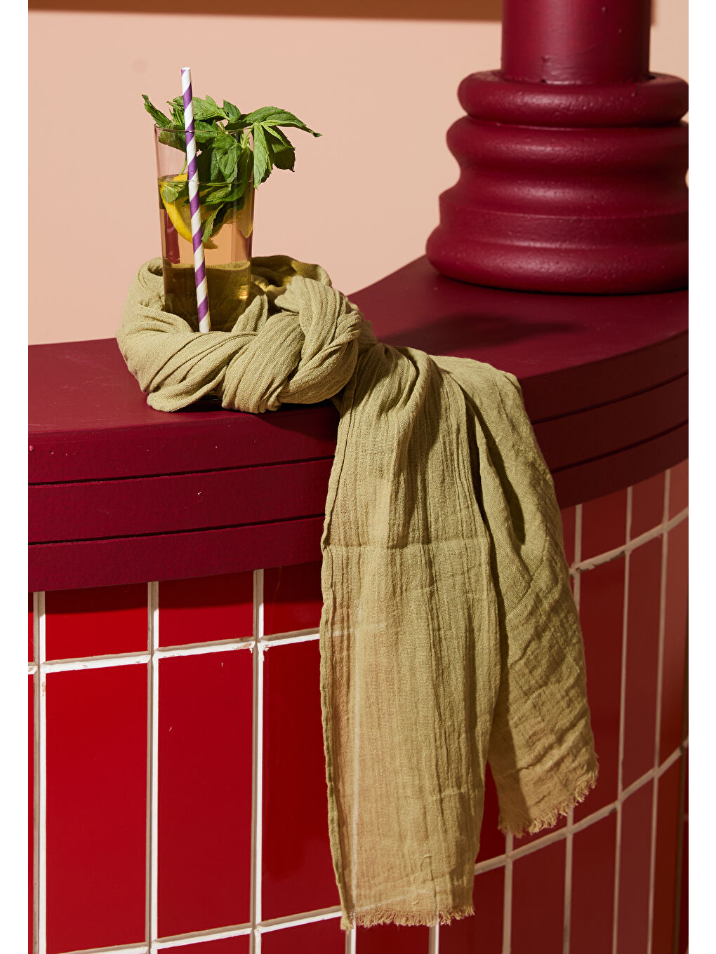 Yeşil Pamuklu Keten Şal Mint Tea-4