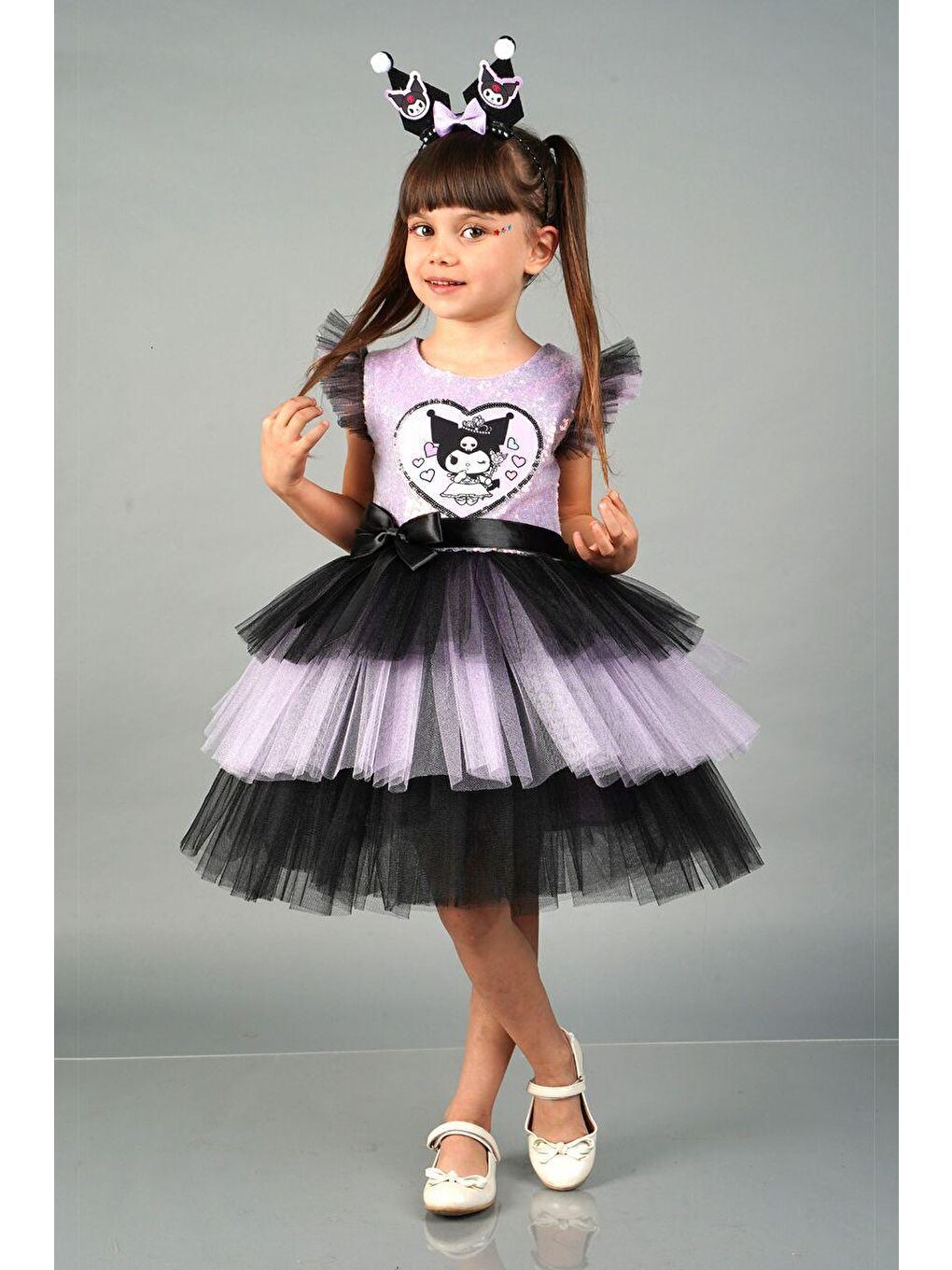 Karışık Kız Çocuk Pamuklu Lila-Siyah Karakter Figürlü Payetli Kat Kat Tüllü Elbise - Saten Kemer Fiyonk