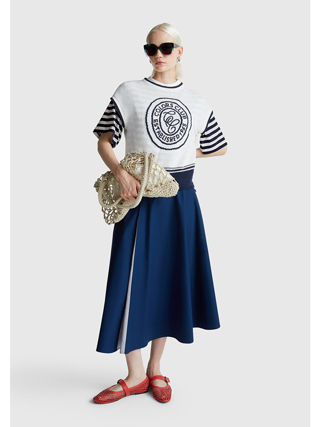 Kadın Lacivert %100 Pamuk Kalın Çizgili Yırtmaçlı Yarım Kol T-Shirt-4