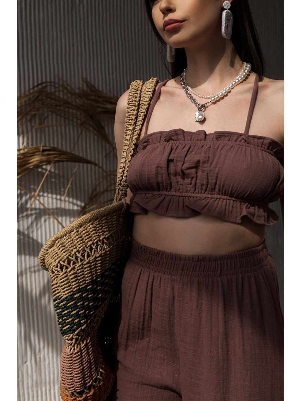 Kahverengi Harvey Kahve Müslin Crop Takım-2