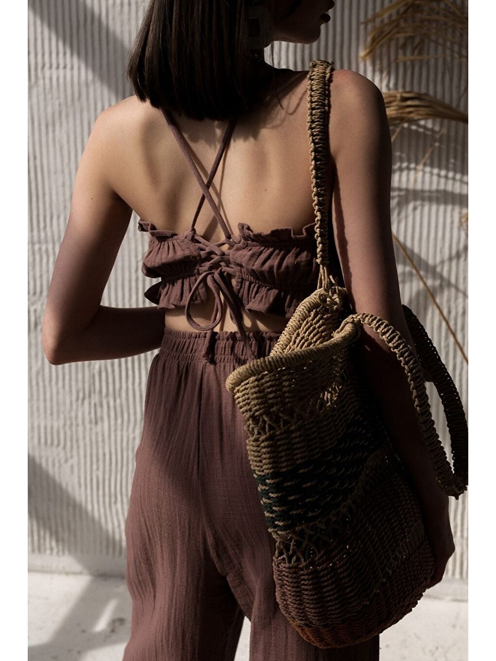 Kahverengi Harvey Kahve Müslin Crop Takım-3