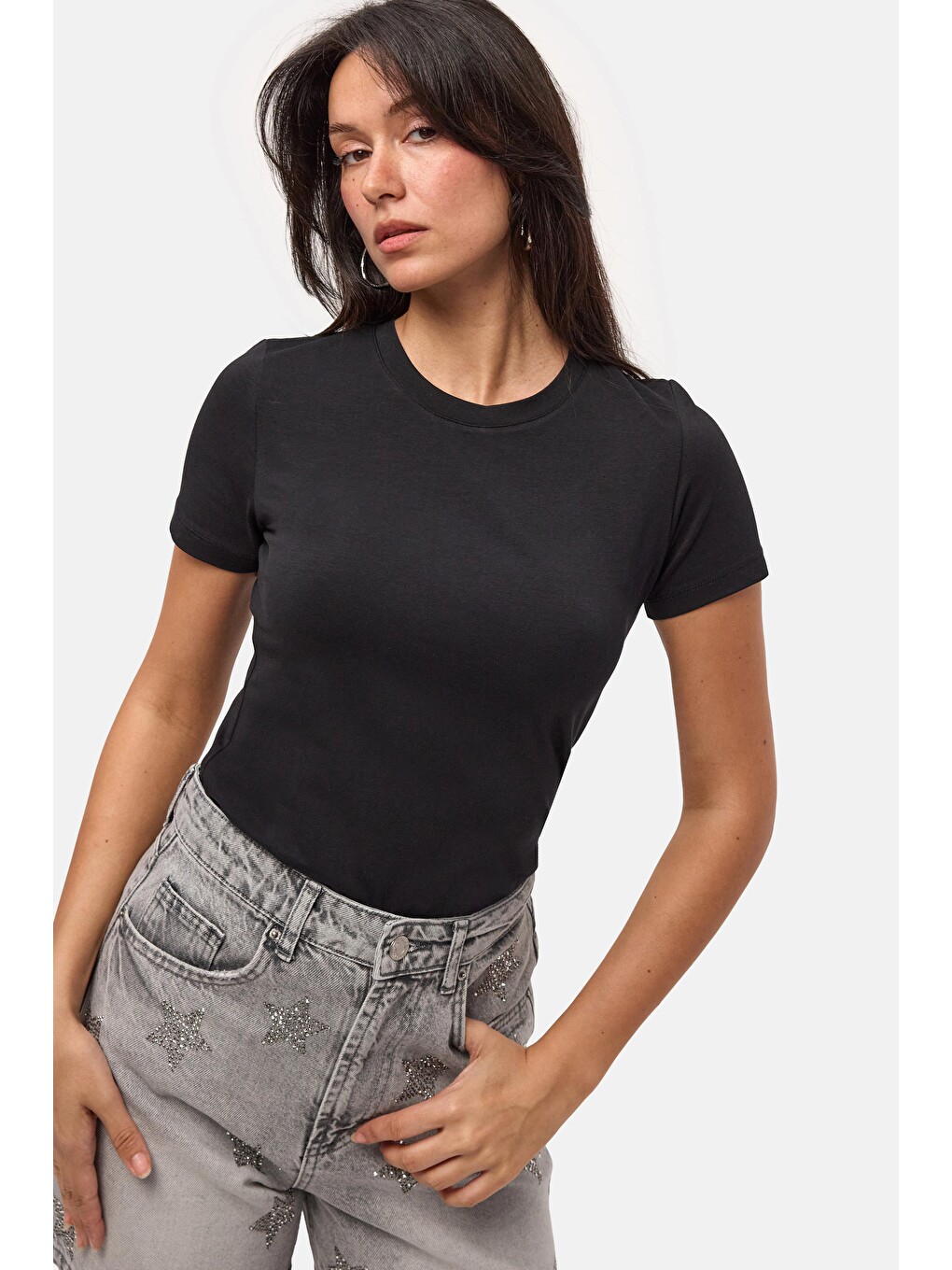 Kadın Siyah s6-1 Bisiklet Yaka %100 Organik Pamuk Esnek Kumaş T-Shirt-4