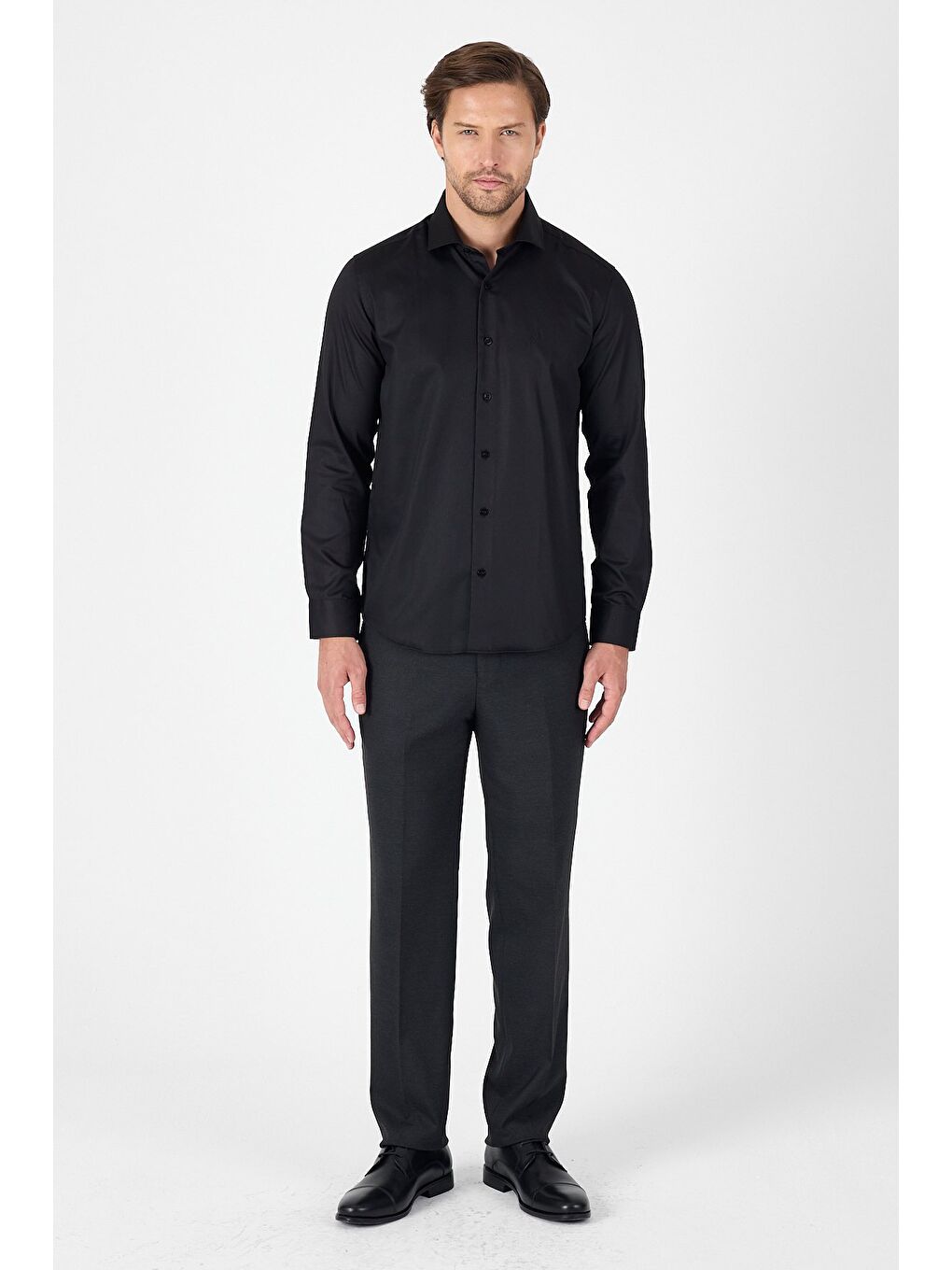 Siyah Uzun Kol Yarım İtalyan Yaka Cepsiz Non Iron Slim Fit Pamuklu Gömlek 1004250267-1