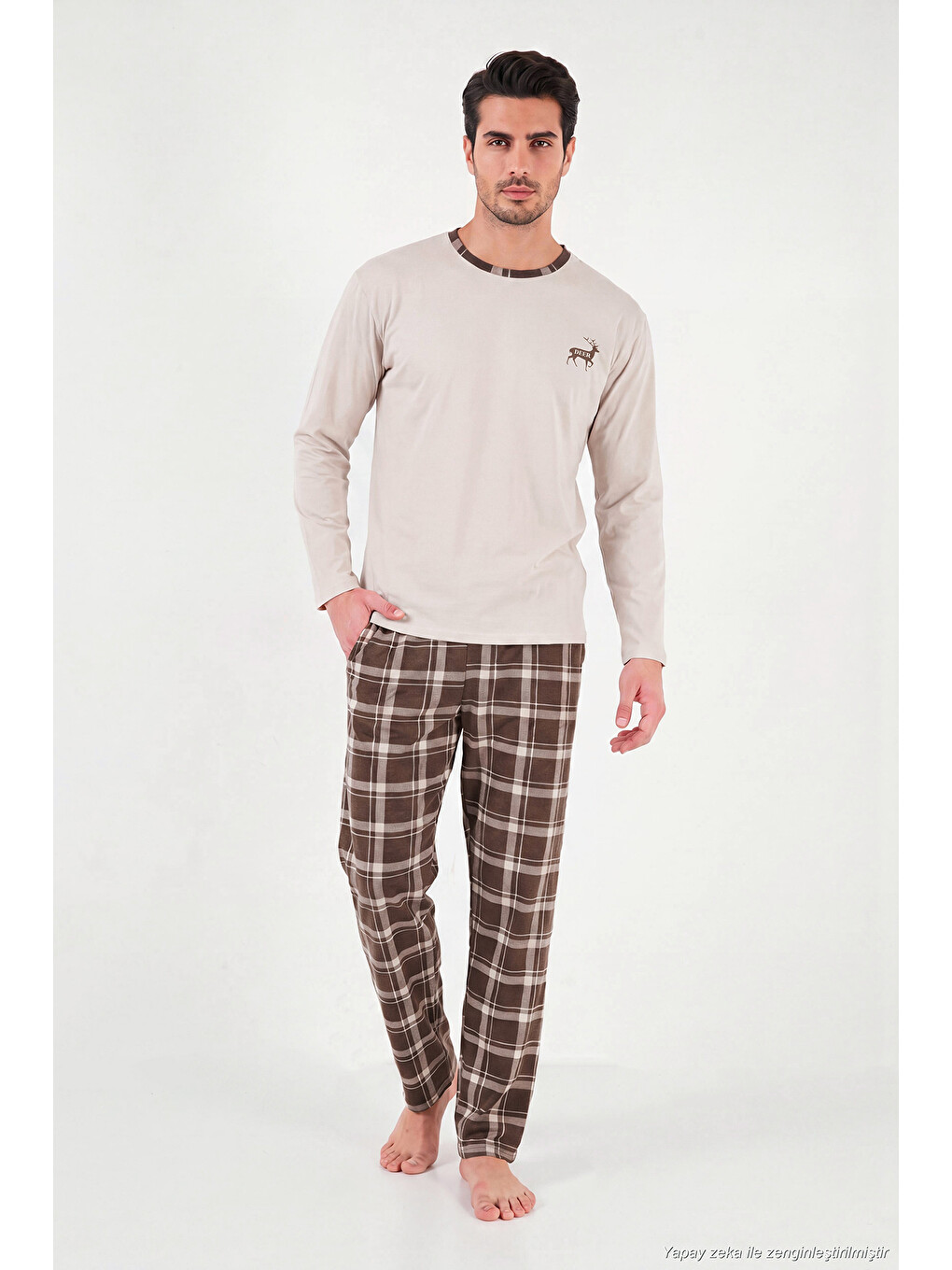 Bej Pamuklu Regular Fit Bisiklet Yaka Ekoseli Pijama Takımı 6574001-1