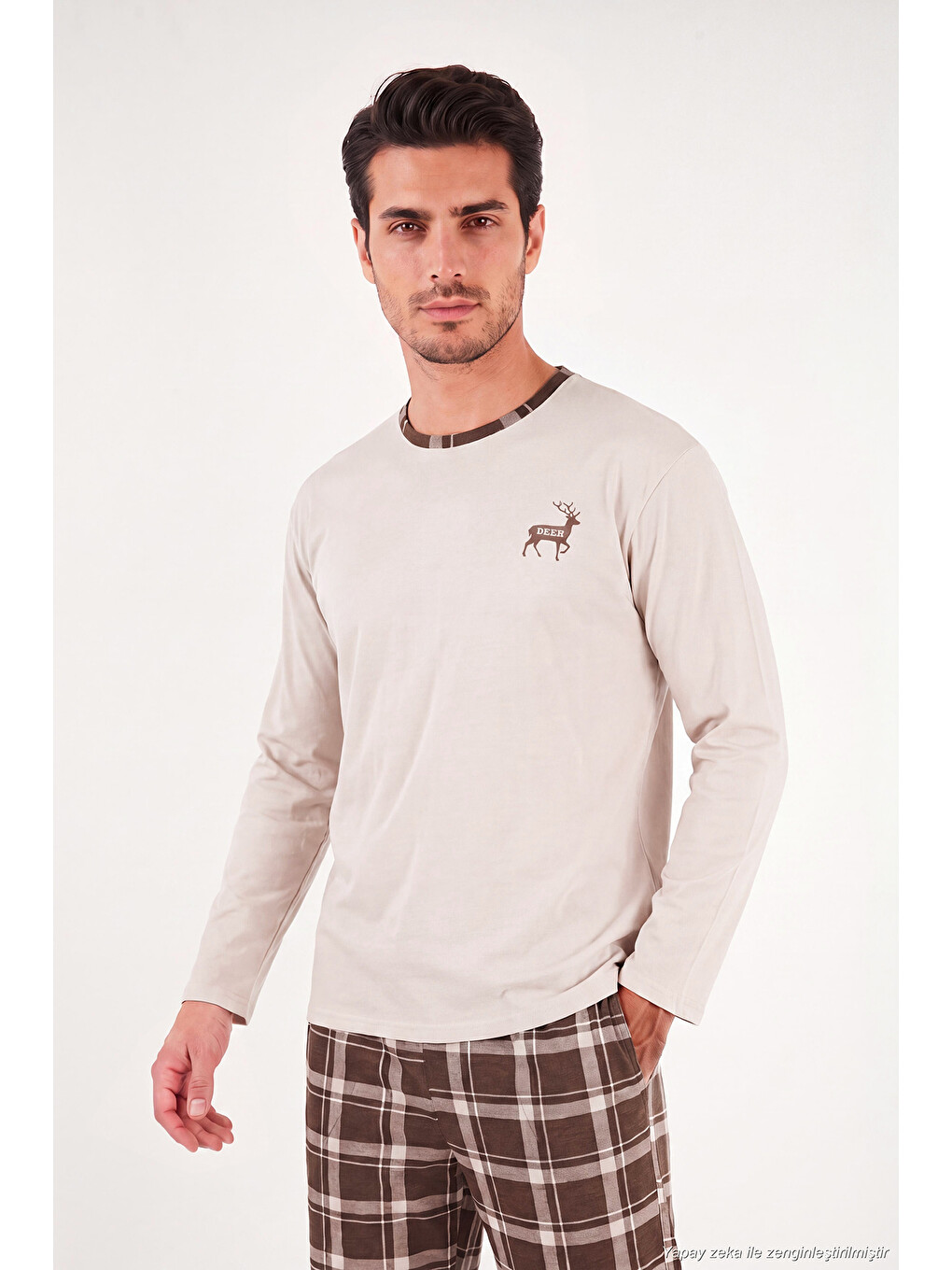 Bej Pamuklu Regular Fit Bisiklet Yaka Ekoseli Pijama Takımı 6574001-2