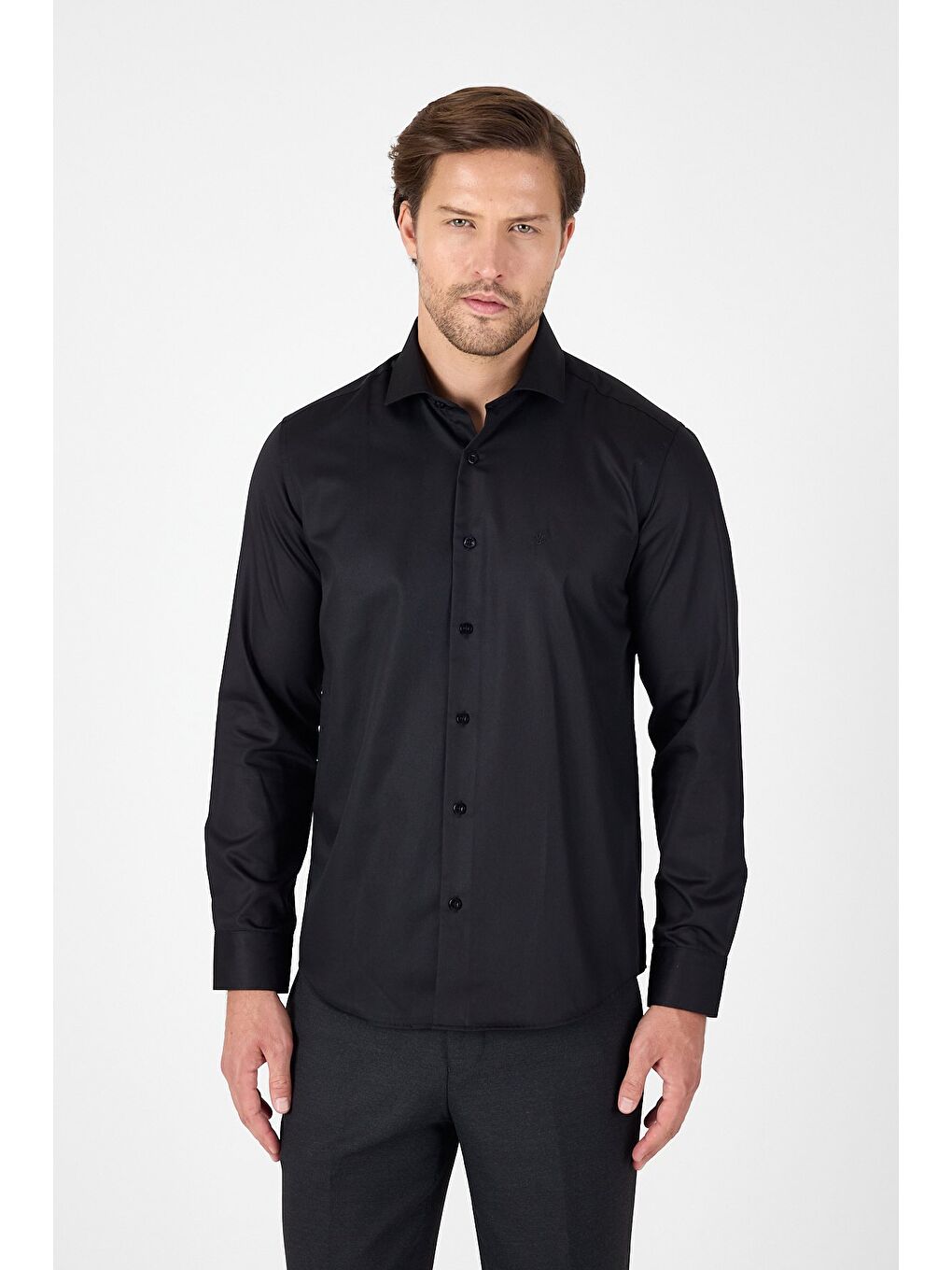 Siyah Uzun Kol Yarım İtalyan Yaka Cepsiz Non Iron Slim Fit Pamuklu Gömlek 1004250267-2