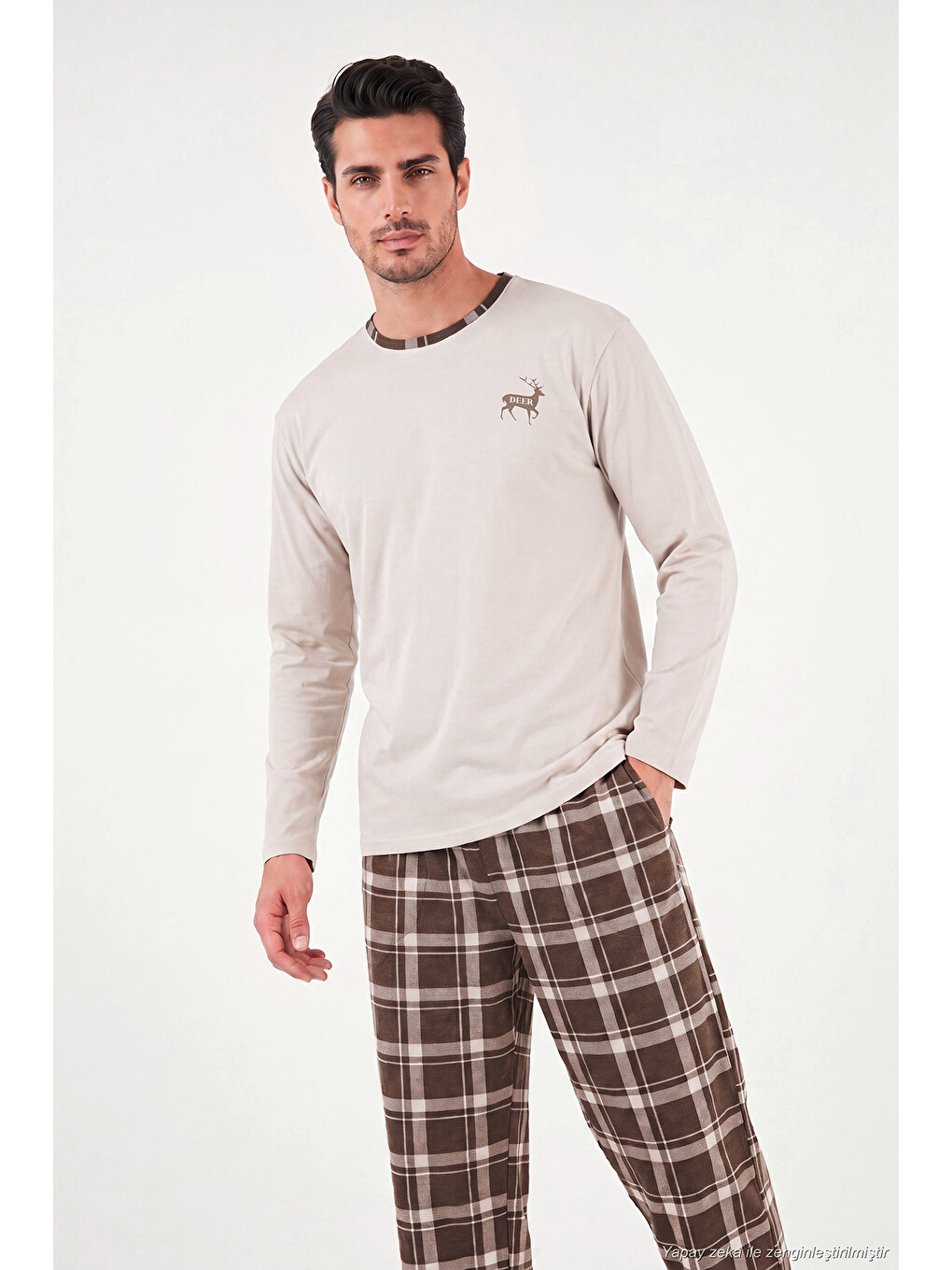 Bej Pamuklu Regular Fit Bisiklet Yaka Ekoseli Pijama Takımı 6574001-3