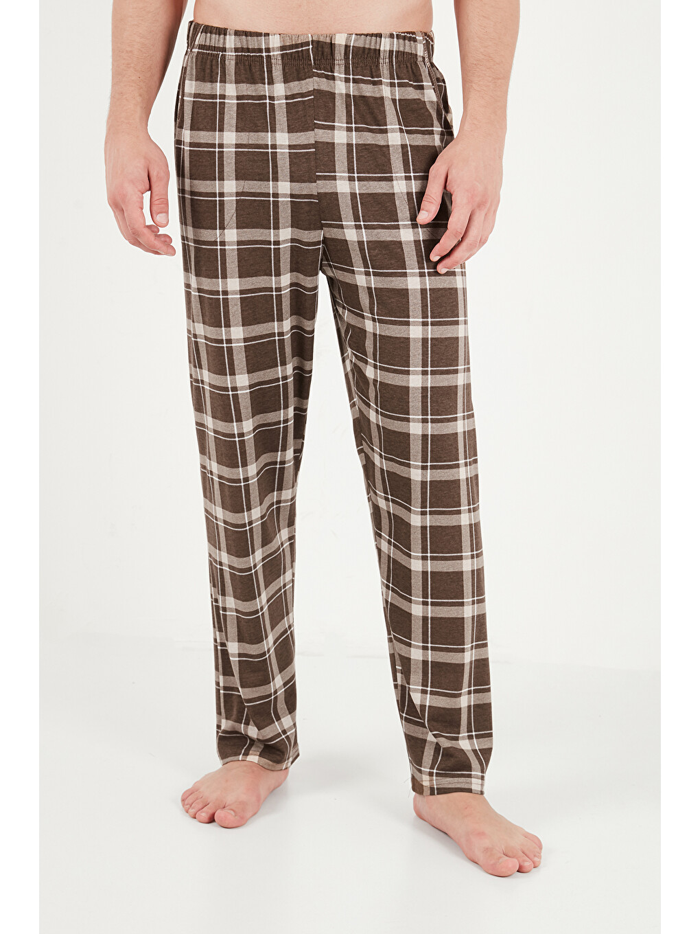Bej Pamuklu Regular Fit Bisiklet Yaka Ekoseli Pijama Takımı 6574001-4