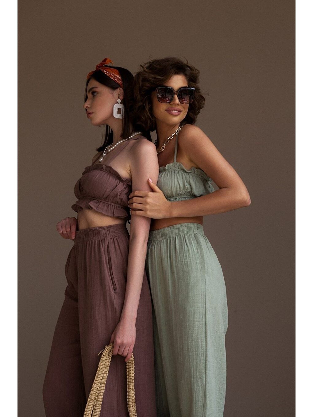 Kahverengi Harvey Kahve Müslin Crop Takım-5