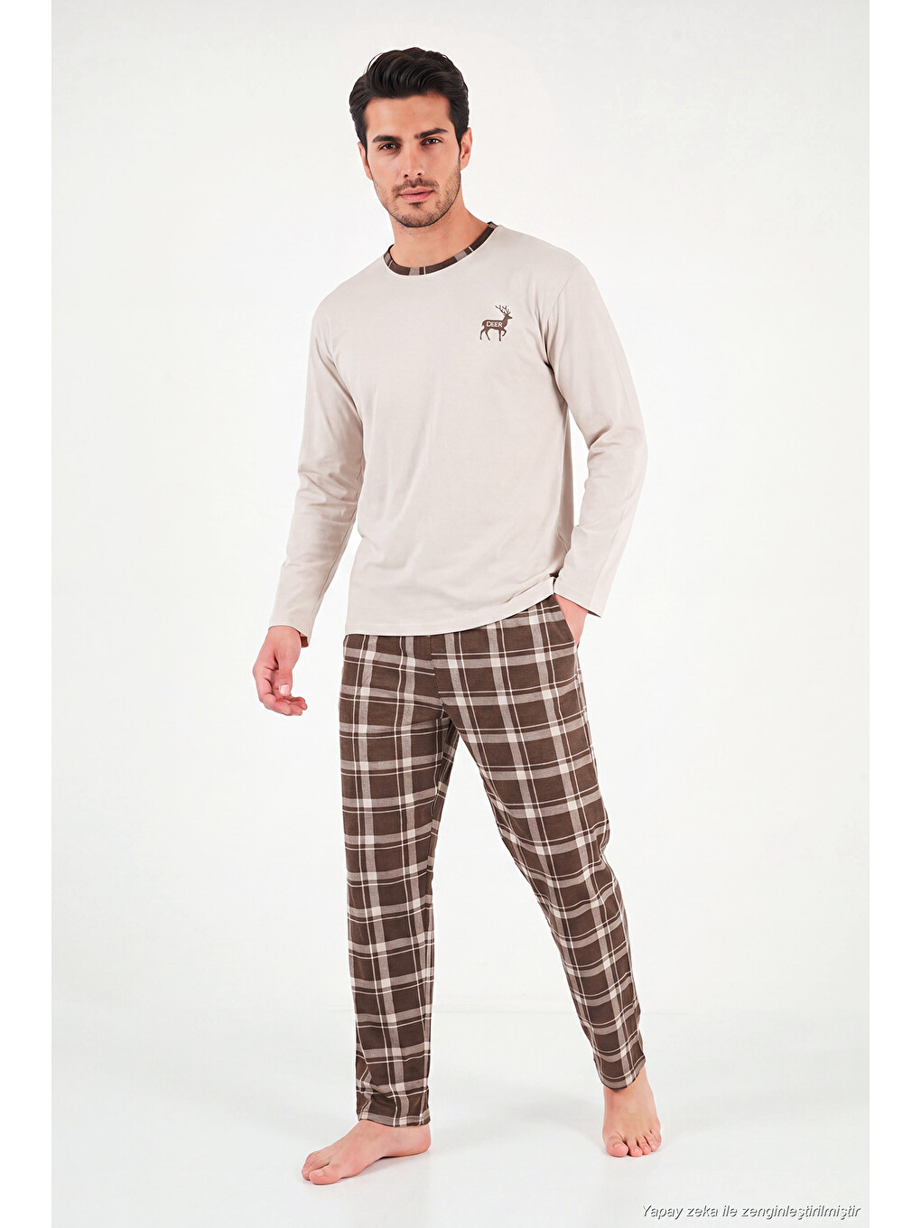Bej Pamuklu Regular Fit Bisiklet Yaka Ekoseli Pijama Takımı 6574001-5