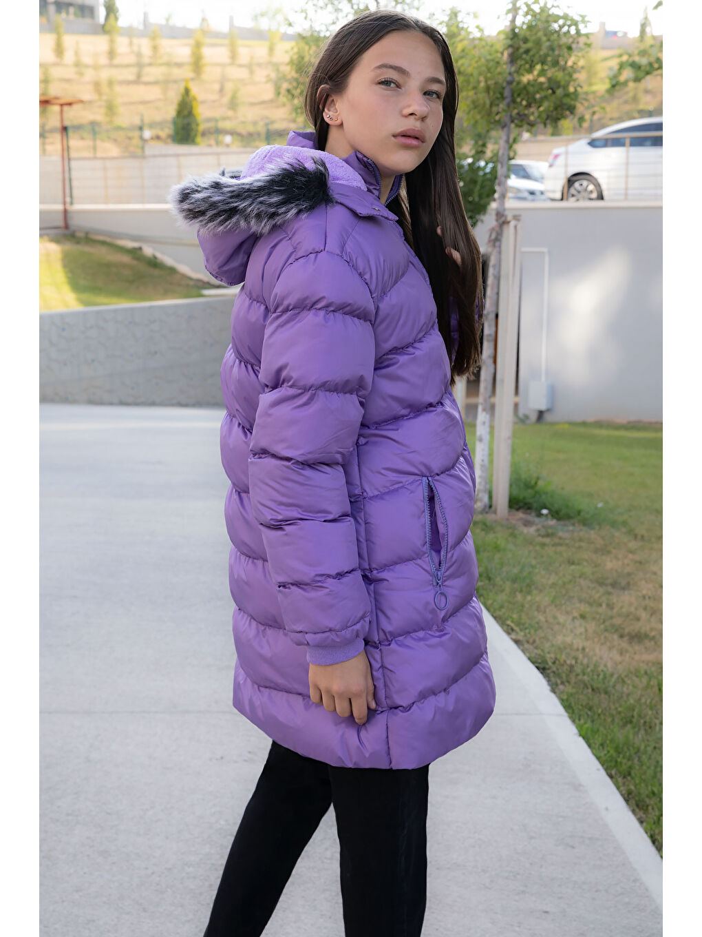 Lila İçi Kürklü Çıtçıtlı Kapüşonlu Kız Çocuk Şişme Mont 21322-4