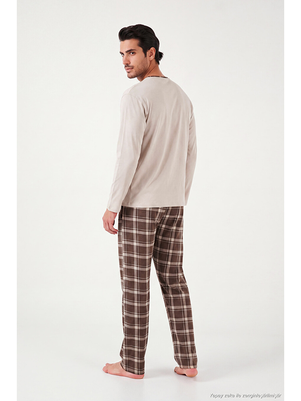 Bej Pamuklu Regular Fit Bisiklet Yaka Ekoseli Pijama Takımı 6574001-6