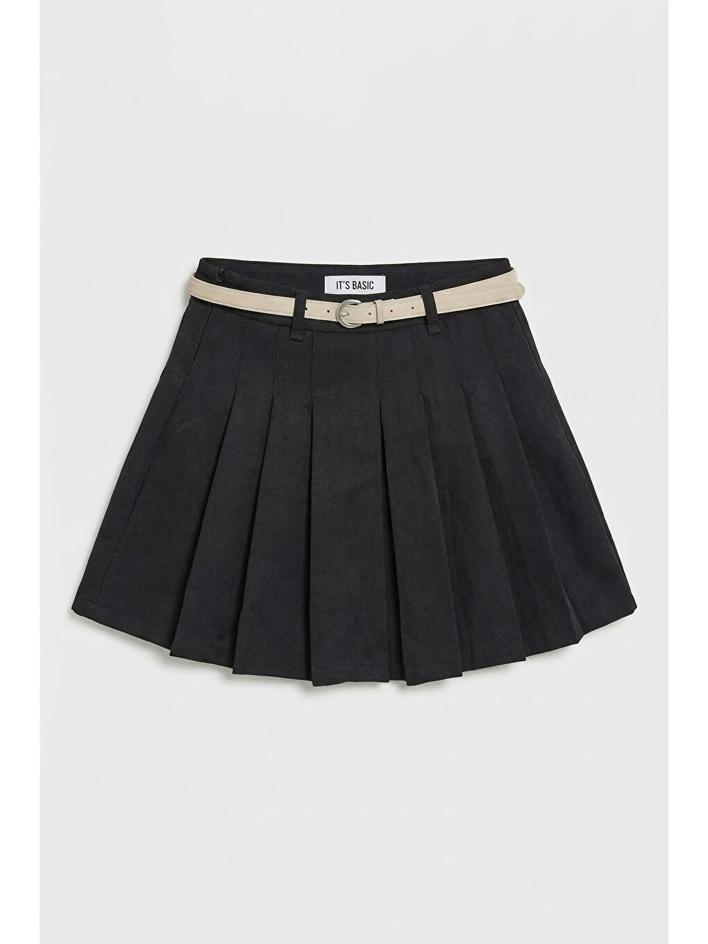 Kadın Siyah w5 Kemerli Pileli Organik Pamuk Kumaş İçi Şortlu Mini Etek-1