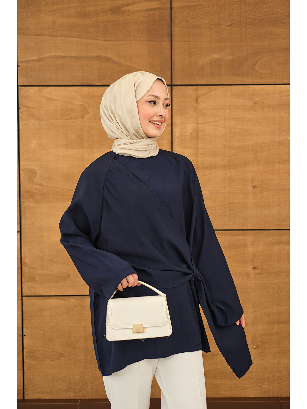 Kadın Şal Detay Yandan Bağlamalı Bluz Lacivert-2