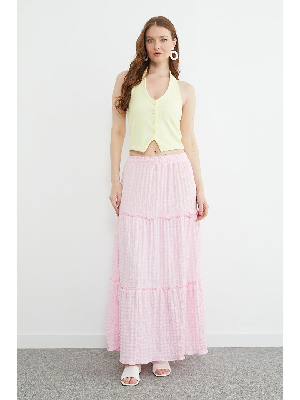 Pembe Beli Lastikli Bürümcük Kumaş Etek