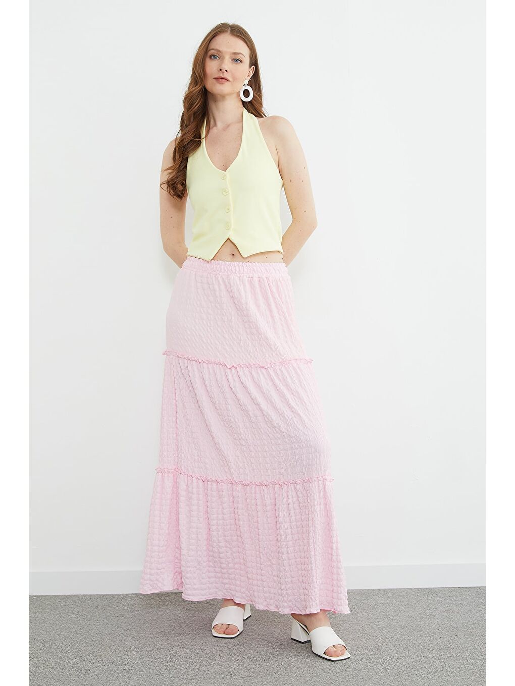 Pembe Beli Lastikli Bürümcük Kumaş Etek-1