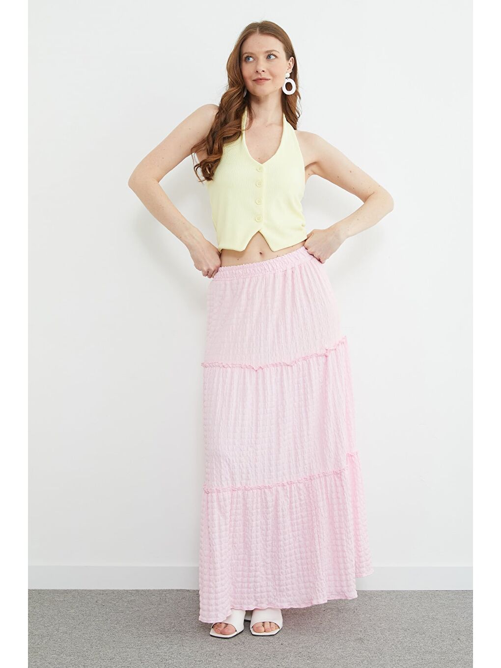 Pembe Beli Lastikli Bürümcük Kumaş Etek-2