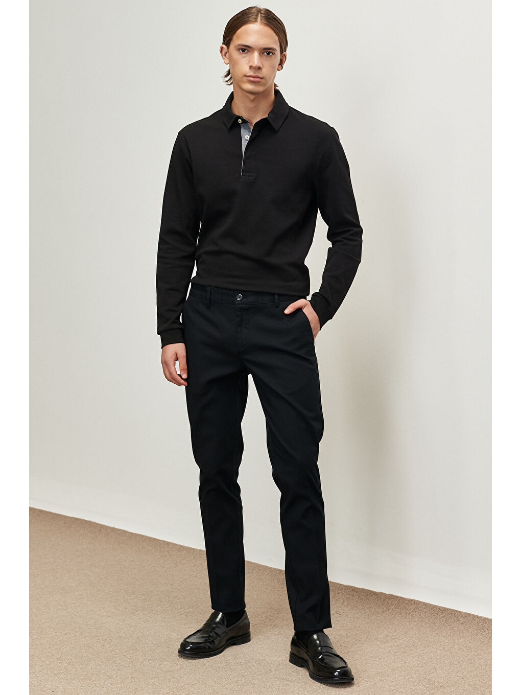Erkek Siyah Slim Fit Dar Kesim Armürlü Esnek Casual Pantolon-1