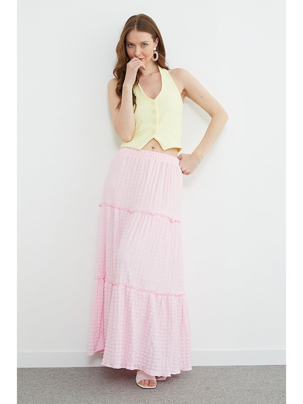 Pembe Beli Lastikli Bürümcük Kumaş Etek-3