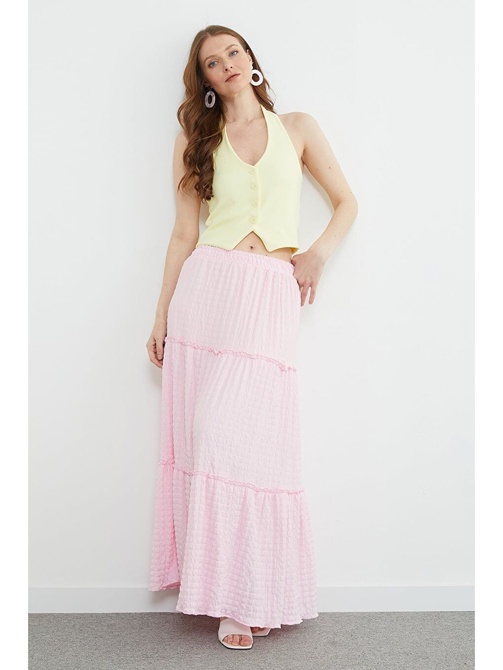 Pembe Beli Lastikli Bürümcük Kumaş Etek-4