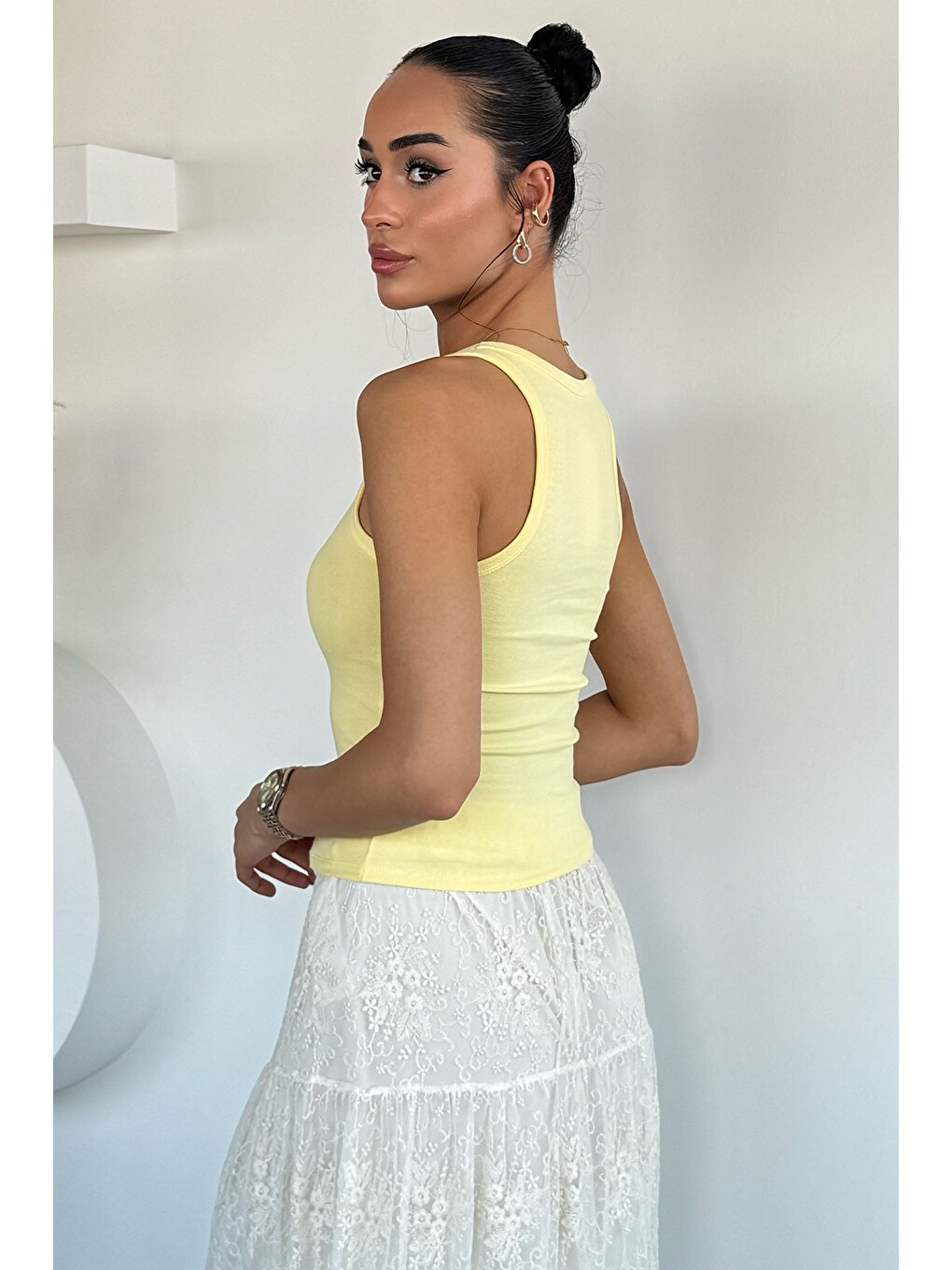 Sarı Kadın Kalın Askılı Kaşkorse Bluz-3