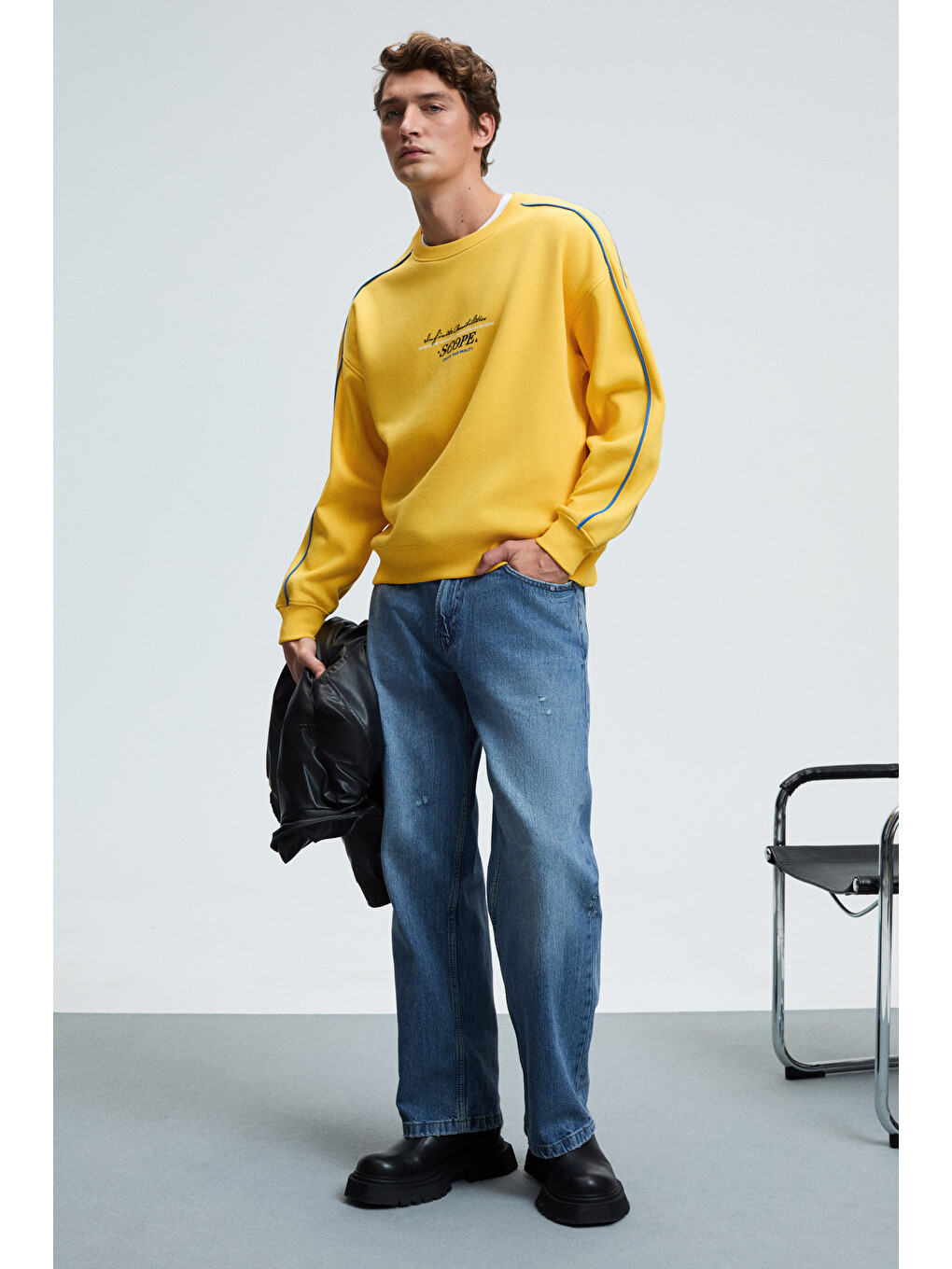 Leıf Erkek Kolları Biyeli Önü Baskılı Yuvarlak Yaka Oversize Sarı Sweatshirt