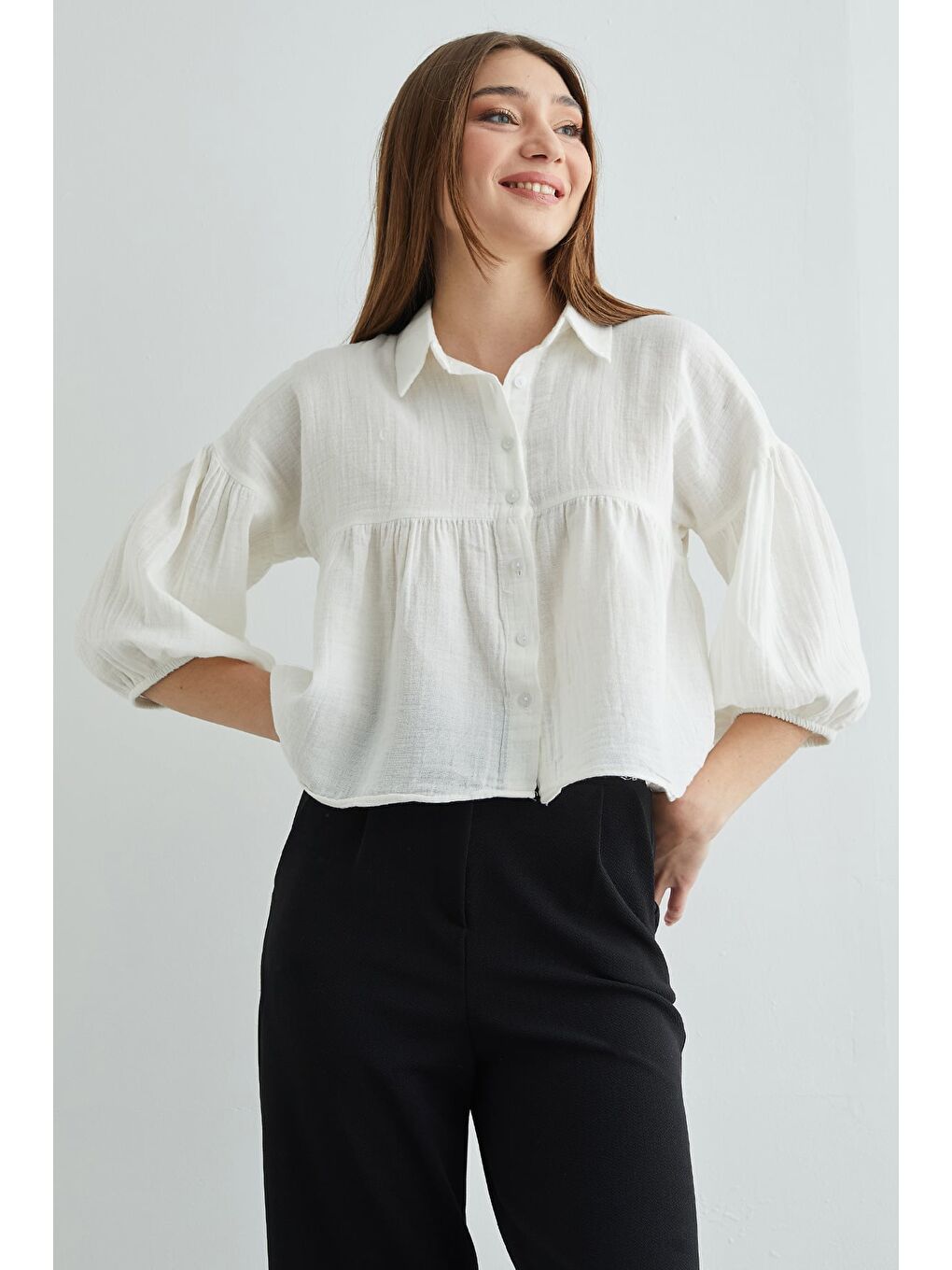 Ekru Balon Kol Salaş Müslin Kumaş Gömlek