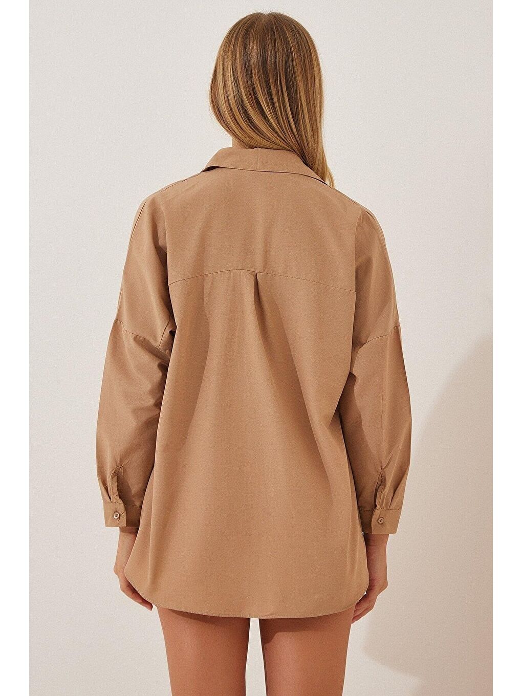 Kahverengi Kadın Oversize Uzun Basic Camel Gömlek-1