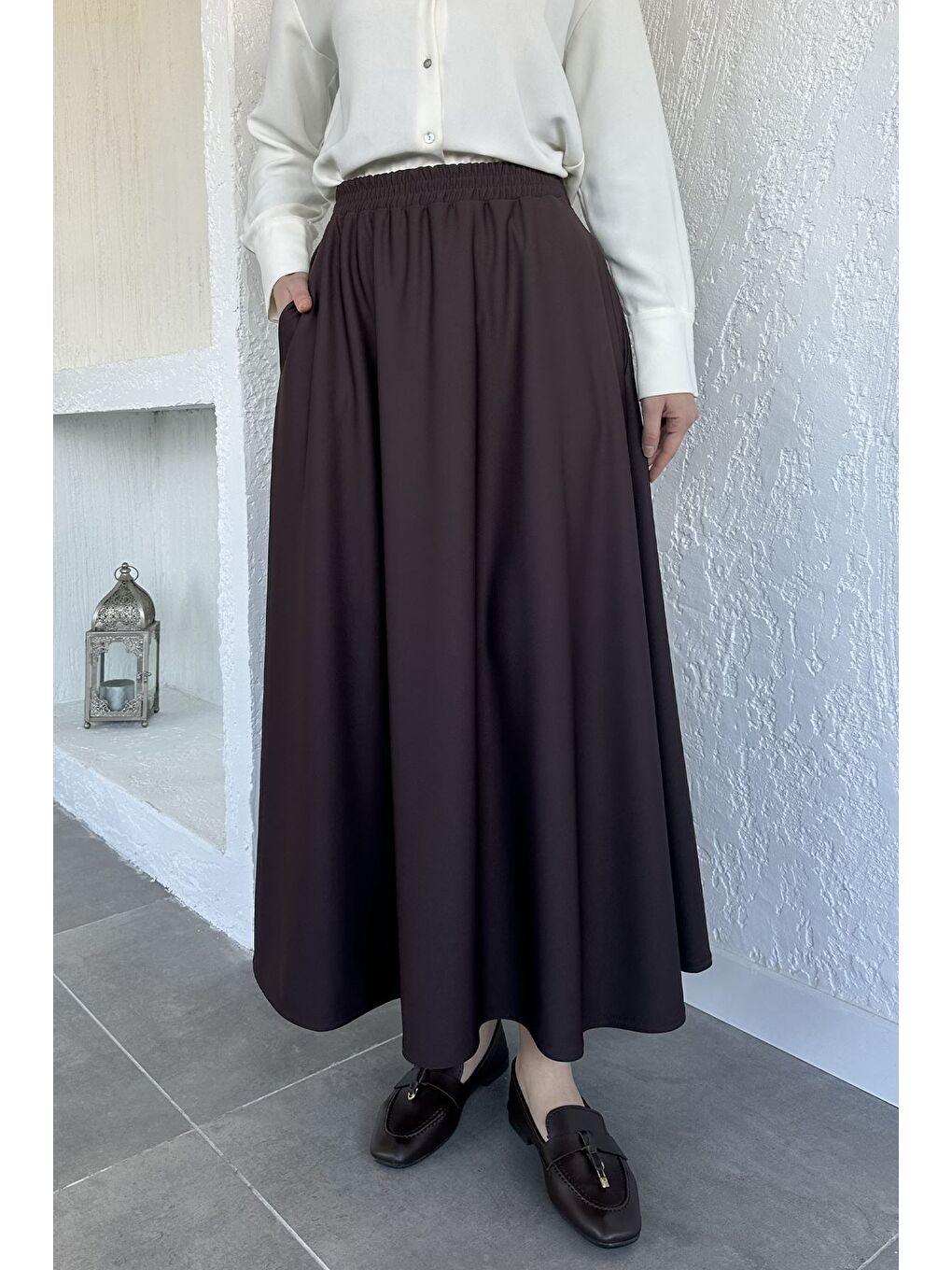 Kahverengi Kadın Bel Lastikli Tesettür Etek