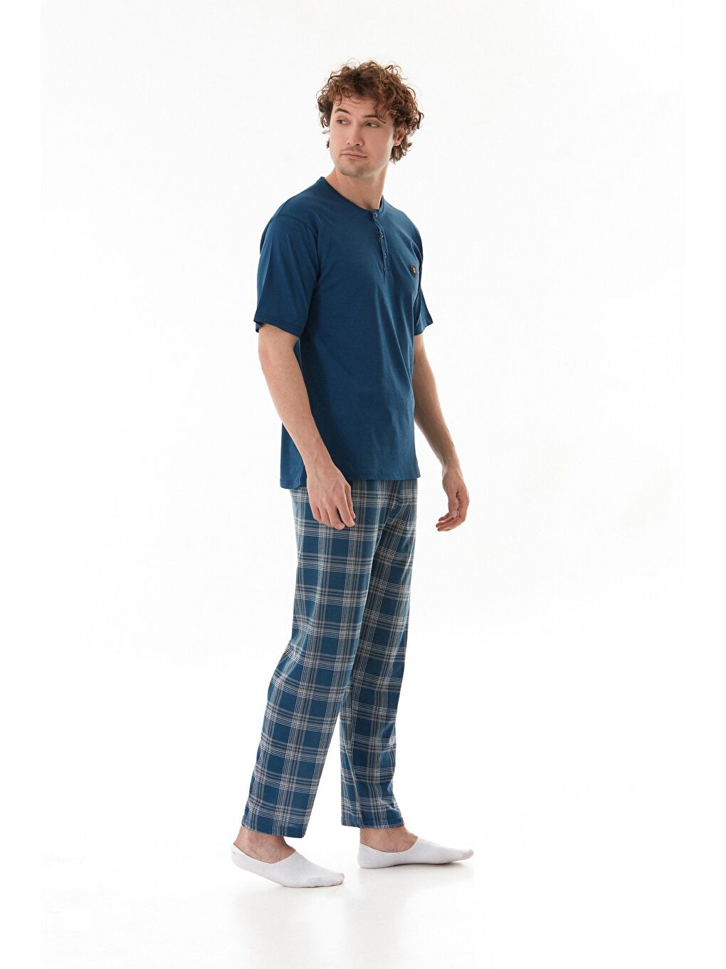 İndigo Ekose Desenli %100 Pamuk Pijama Takımı