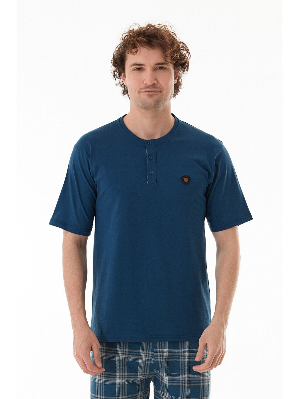 İndigo Ekose Desenli %100 Pamuk Pijama Takımı-1