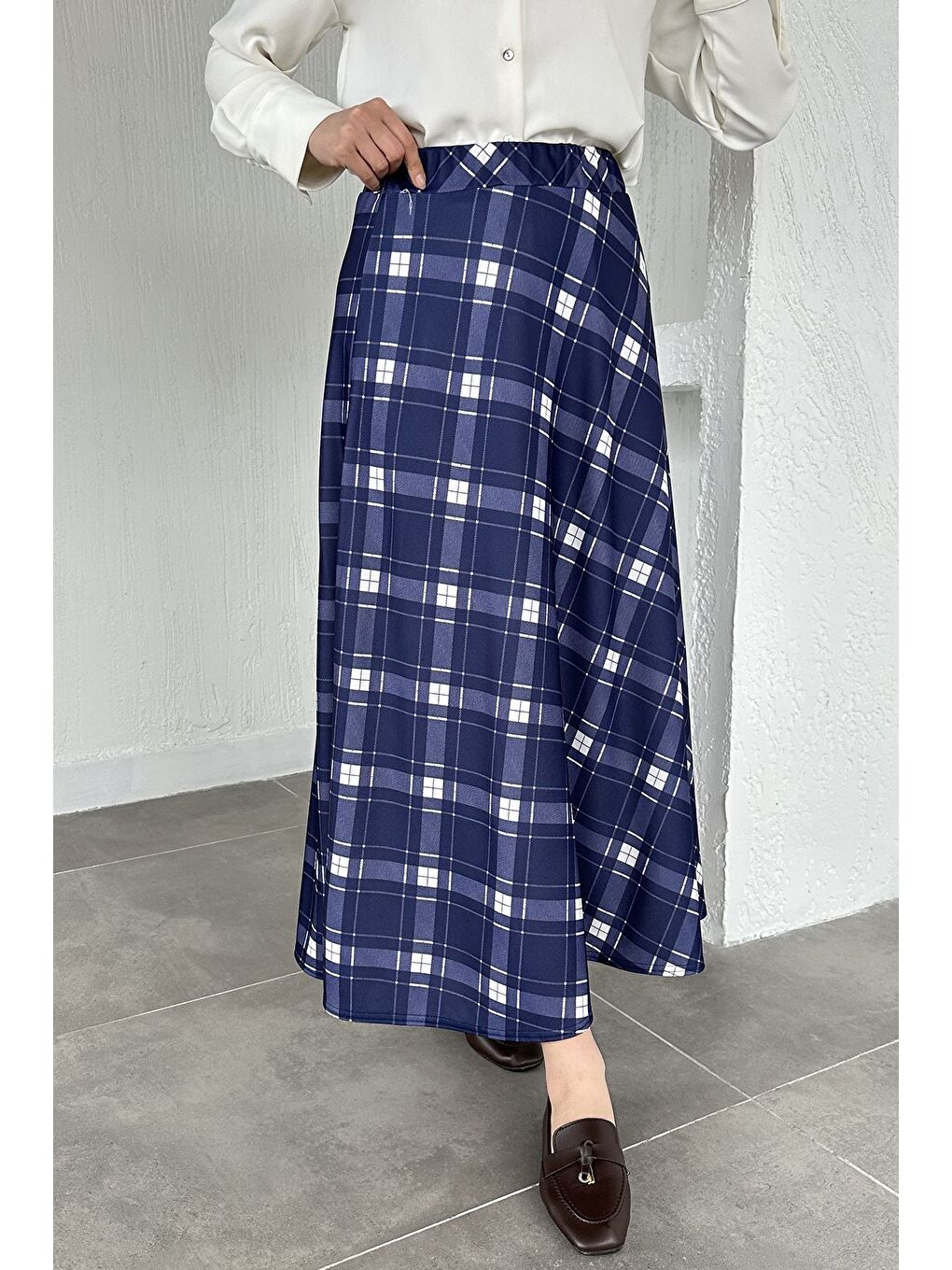 Lacivert Kadın Ekose Desenli Tesettür Etek-1