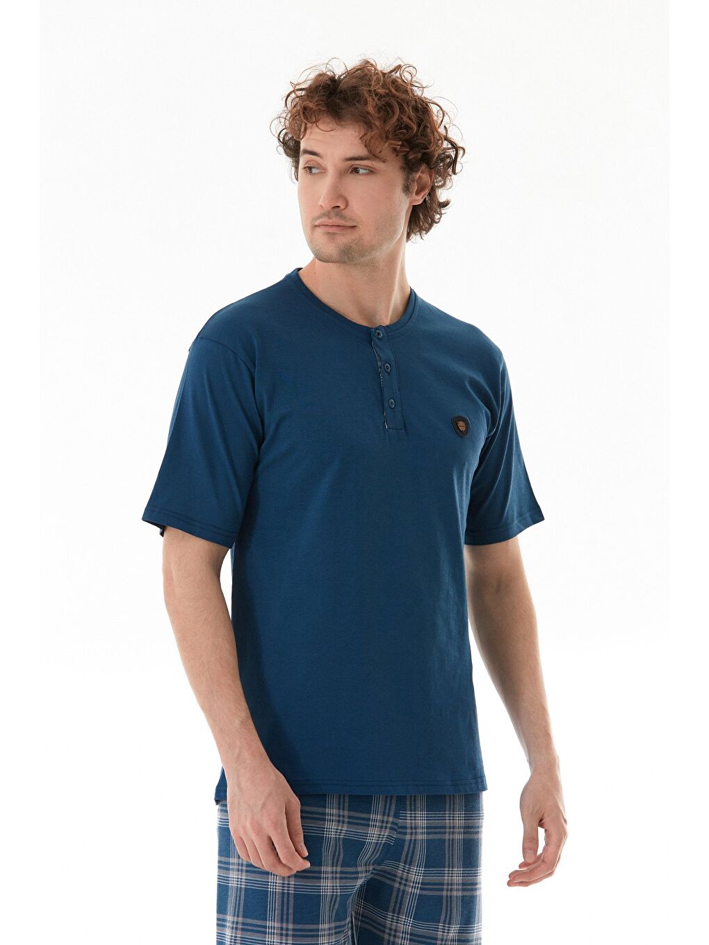 İndigo Ekose Desenli %100 Pamuk Pijama Takımı-2