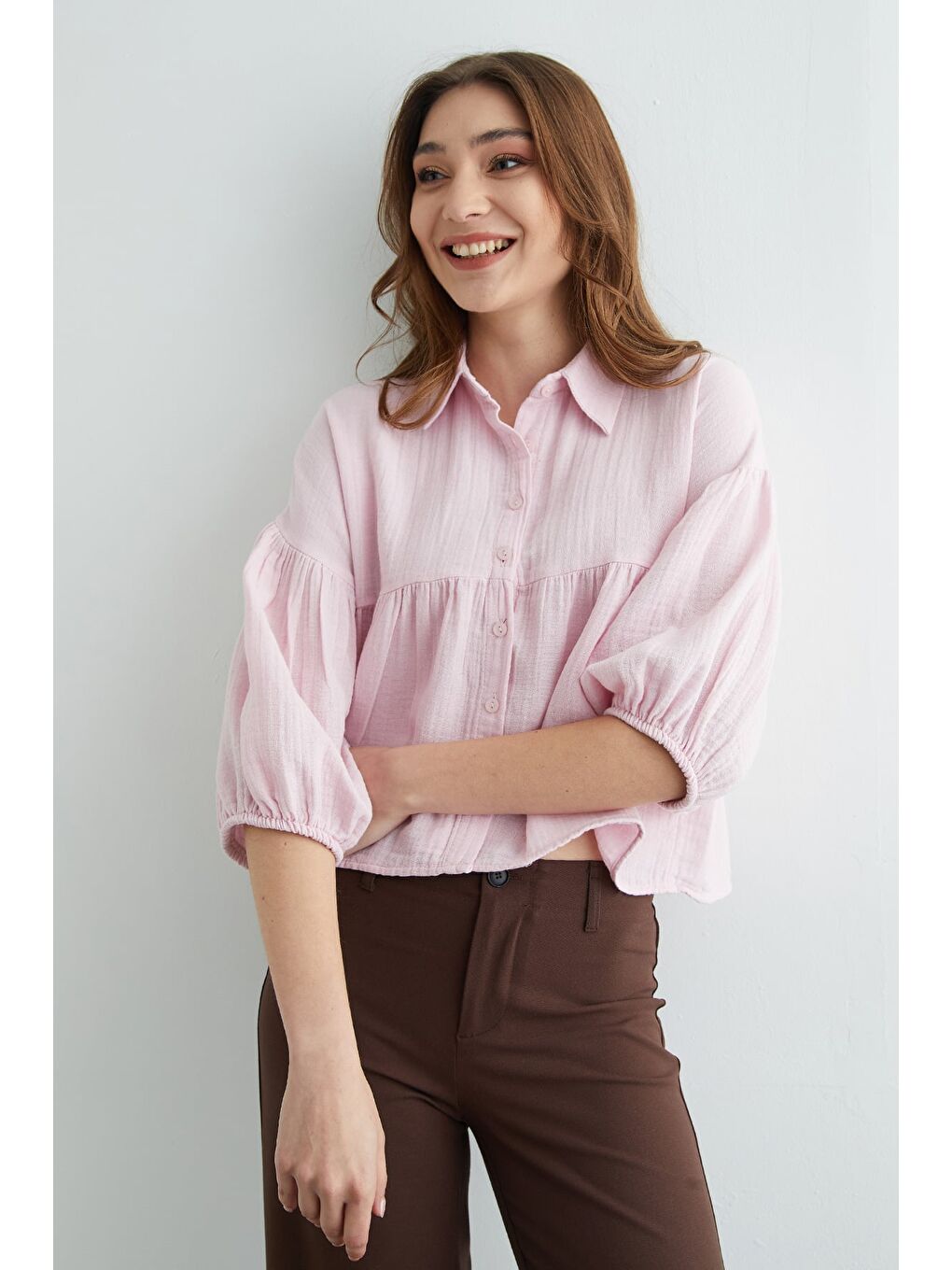 Pembe Balon Kol Salaş Müslin Kumaş Gömlek