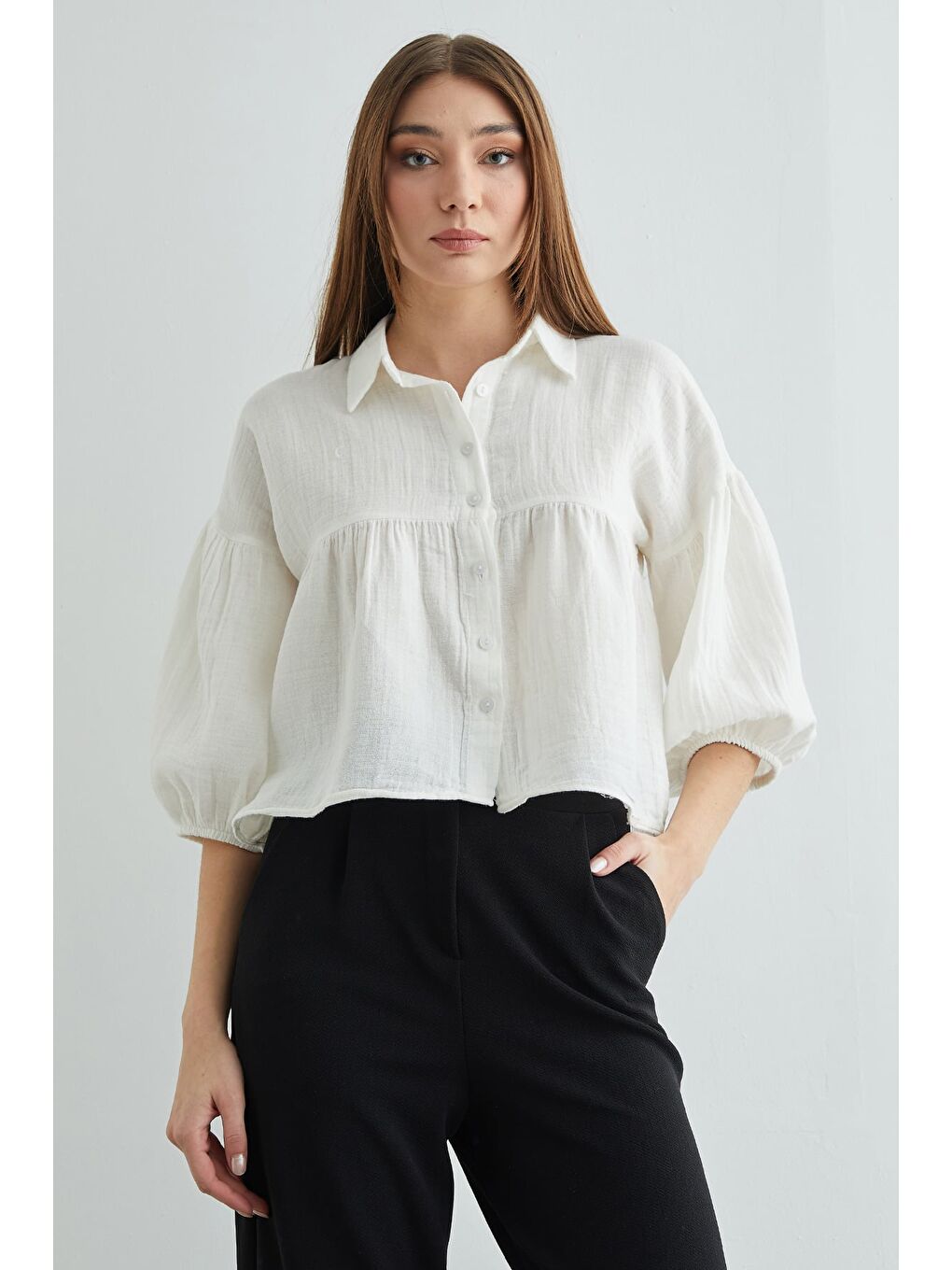 Ekru Balon Kol Salaş Müslin Kumaş Gömlek-1