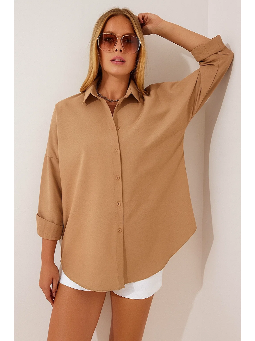 Kahverengi Kadın Oversize Uzun Basic Camel Gömlek-2