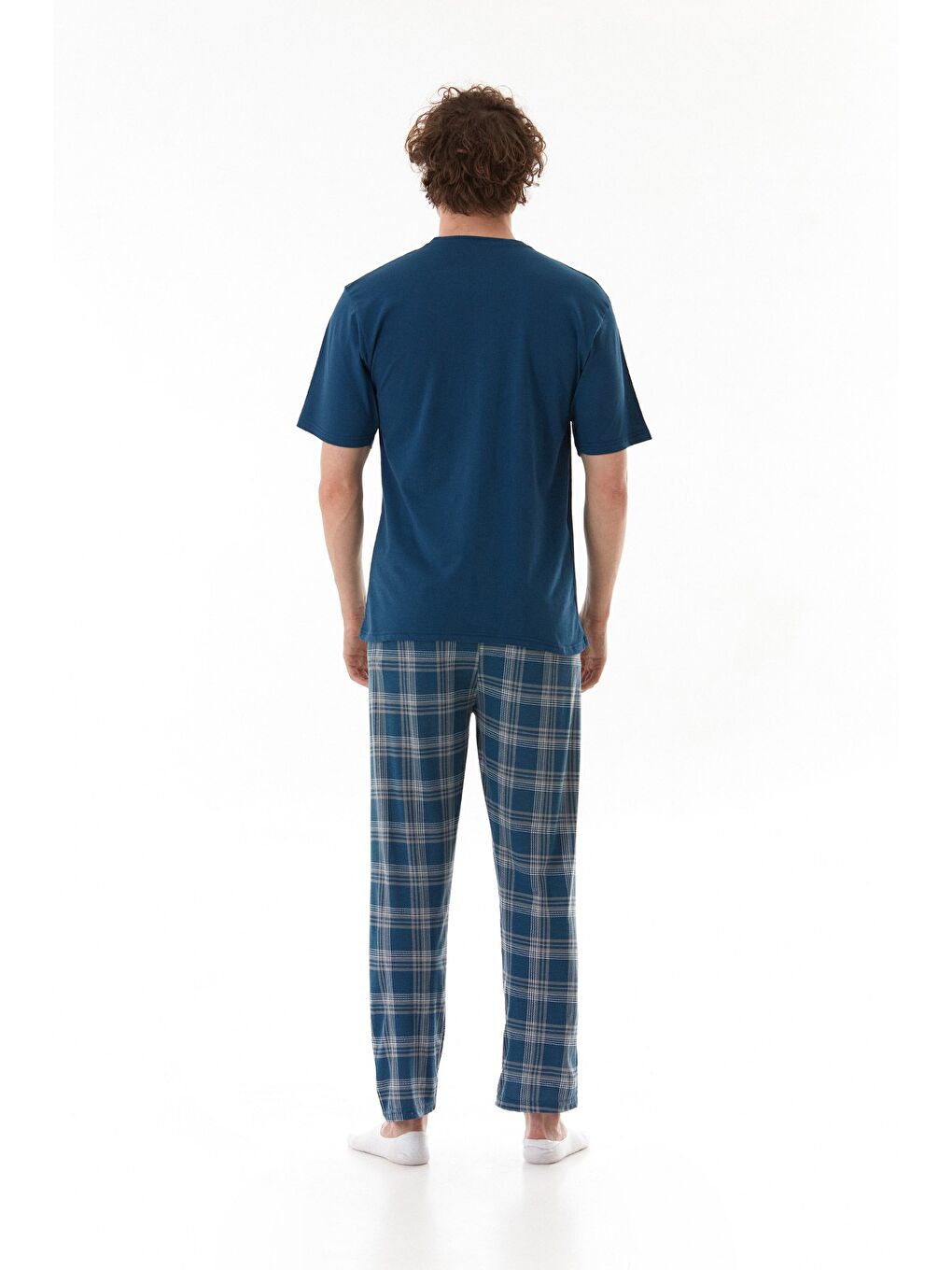 İndigo Ekose Desenli %100 Pamuk Pijama Takımı-3