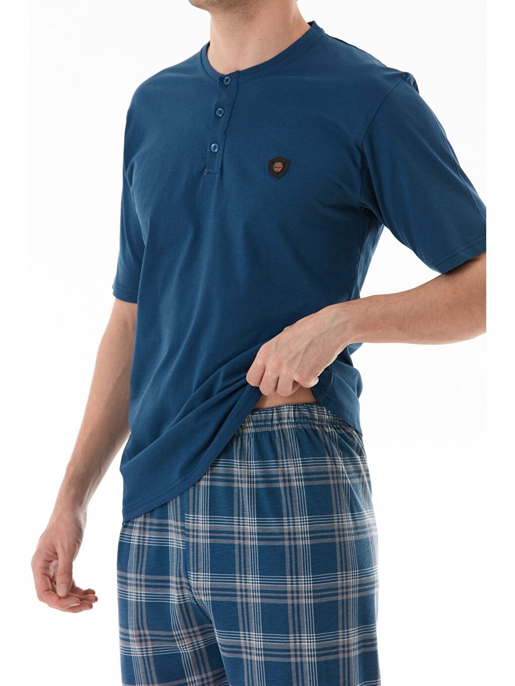 İndigo Ekose Desenli %100 Pamuk Pijama Takımı-4