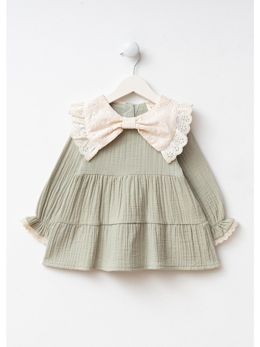 Kız Çocuk Pamuklu Çağla Yeşili Fiyonklu Dantelli Yakalı Elbise Takım - Çantalı-1