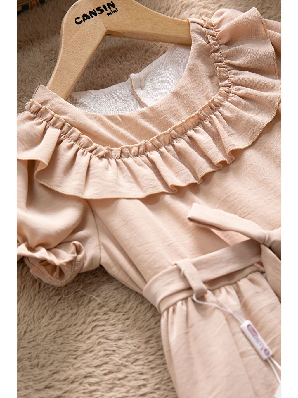 Kahverengi Kahve Fırfır Detaylı Kısa Kol Kız Çocuk Pileli Elbise 22672-1