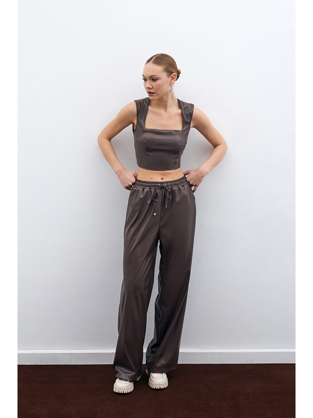 Kahverengi Salaş Deri Pantolon - Koyu Kahve