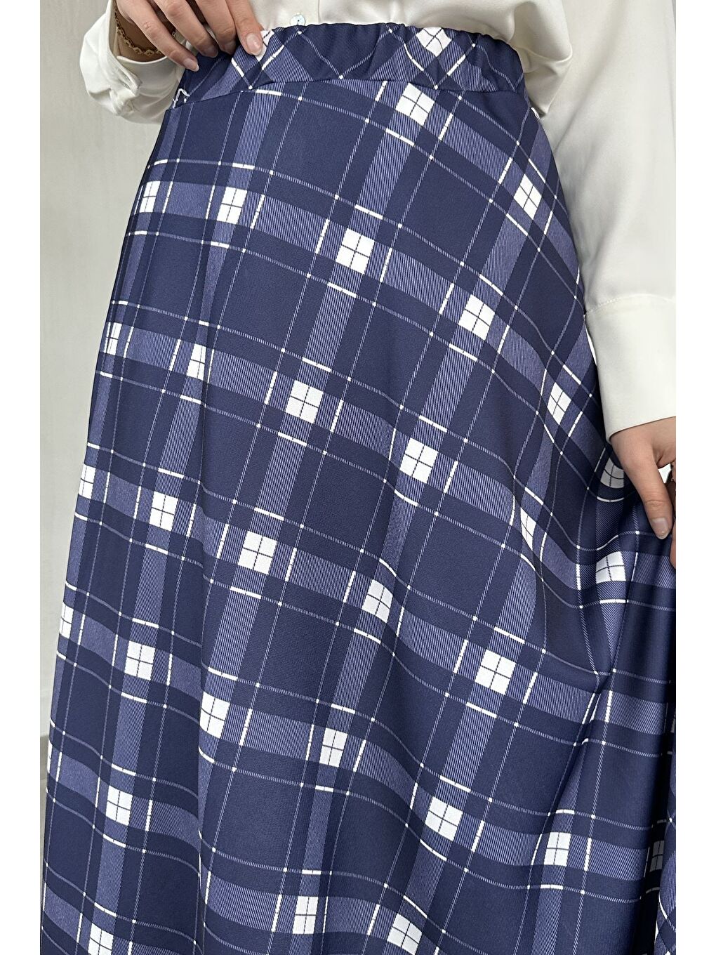Lacivert Kadın Ekose Desenli Tesettür Etek-3