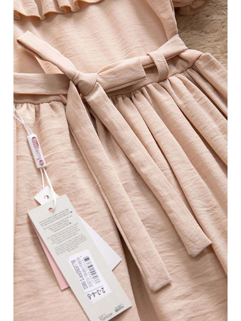 Kahverengi Kahve Fırfır Detaylı Kısa Kol Kız Çocuk Pileli Elbise 22672-2