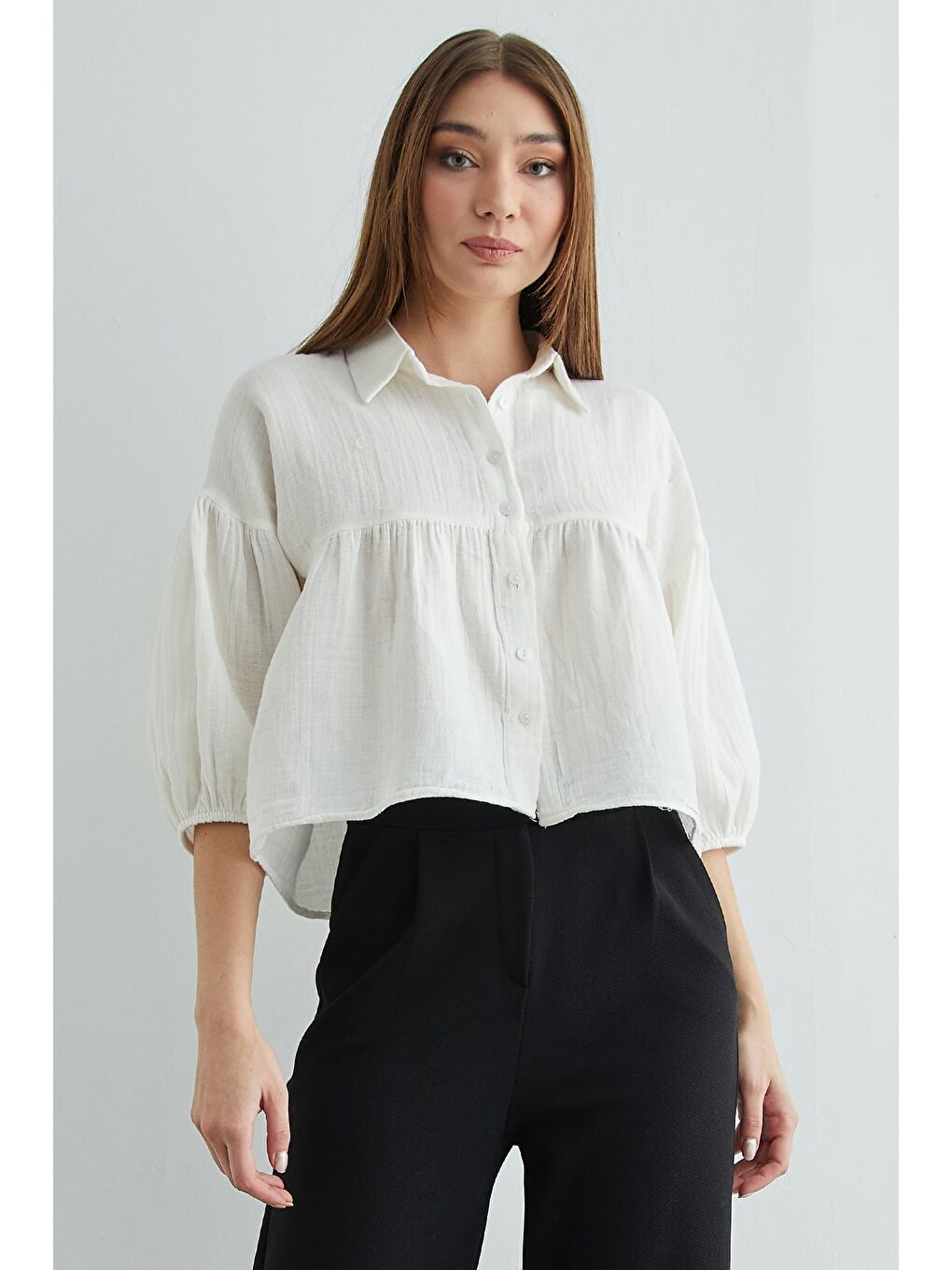 Ekru Balon Kol Salaş Müslin Kumaş Gömlek-3