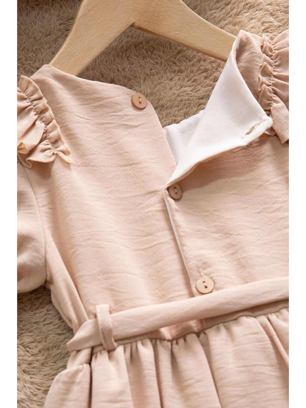 Kahverengi Kahve Fırfır Detaylı Kısa Kol Kız Çocuk Pileli Elbise 22672-3