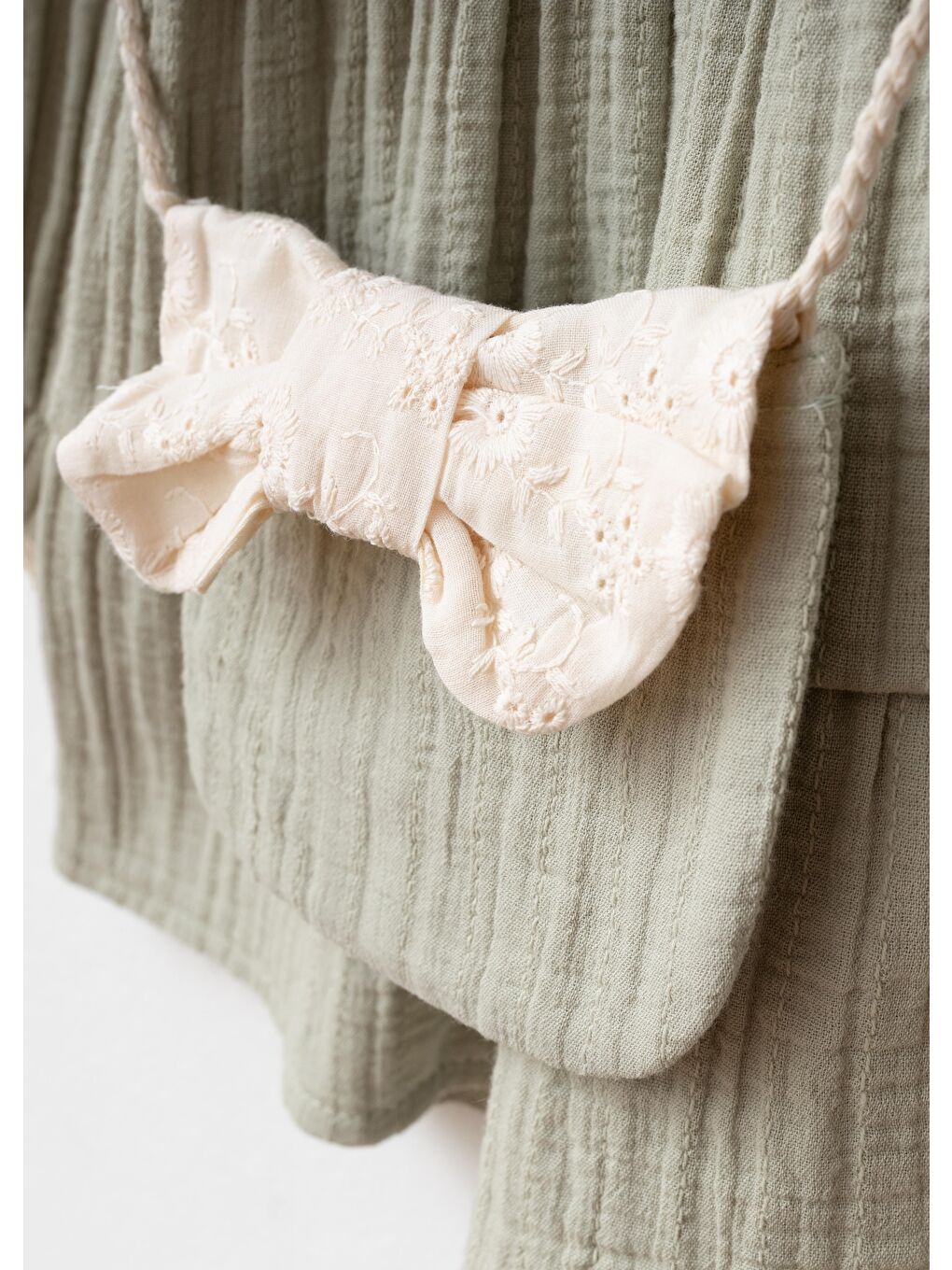 Kız Çocuk Pamuklu Çağla Yeşili Fiyonklu Dantelli Yakalı Elbise Takım - Çantalı-2